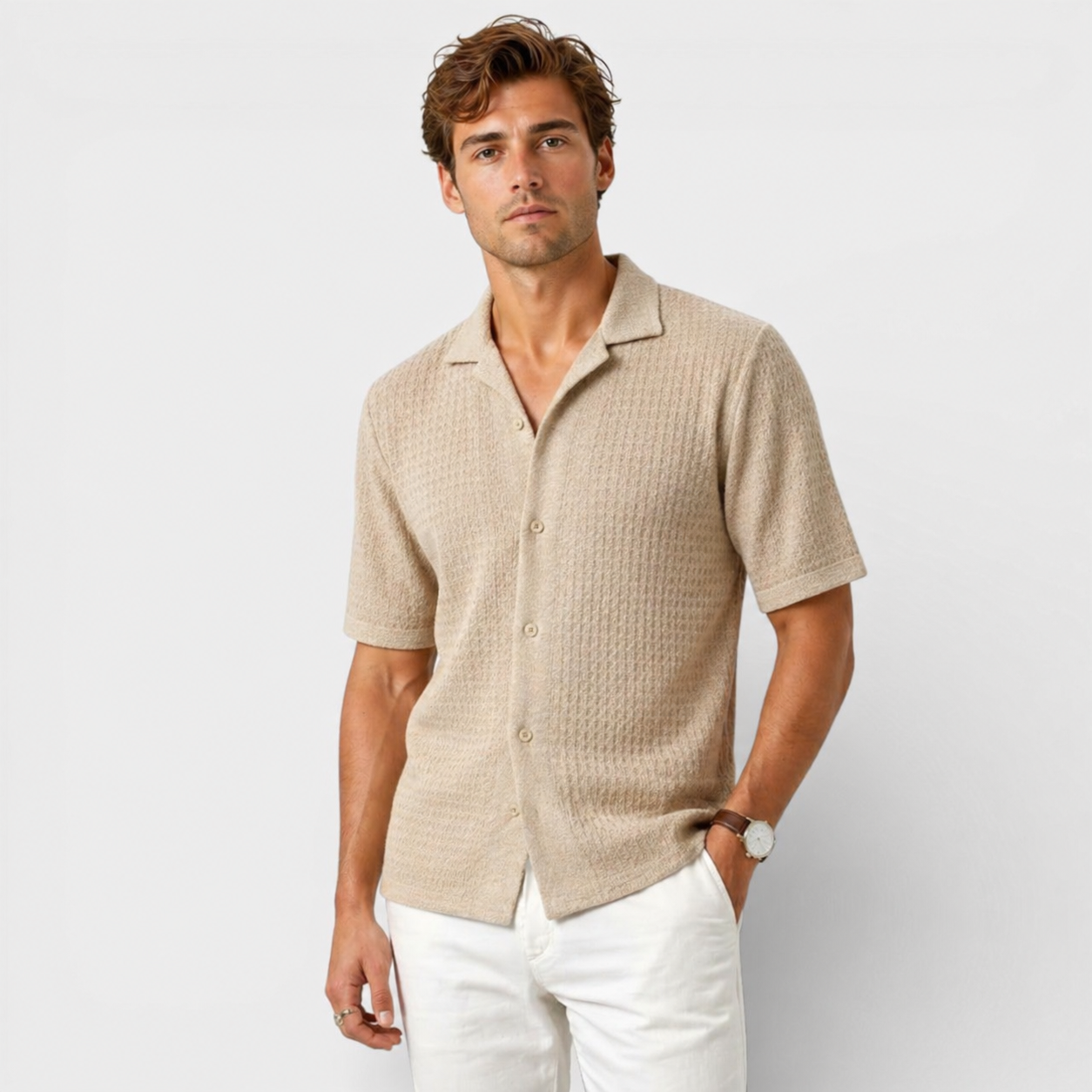 mens smart casual linen shirt | breathable summer button-up - side view