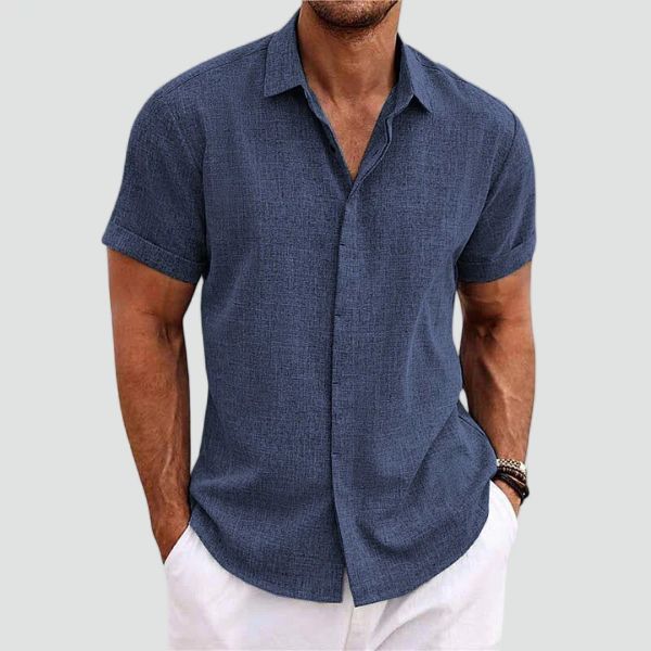 mens short sleeve linen button-up shirt | lightweight summer top - front view