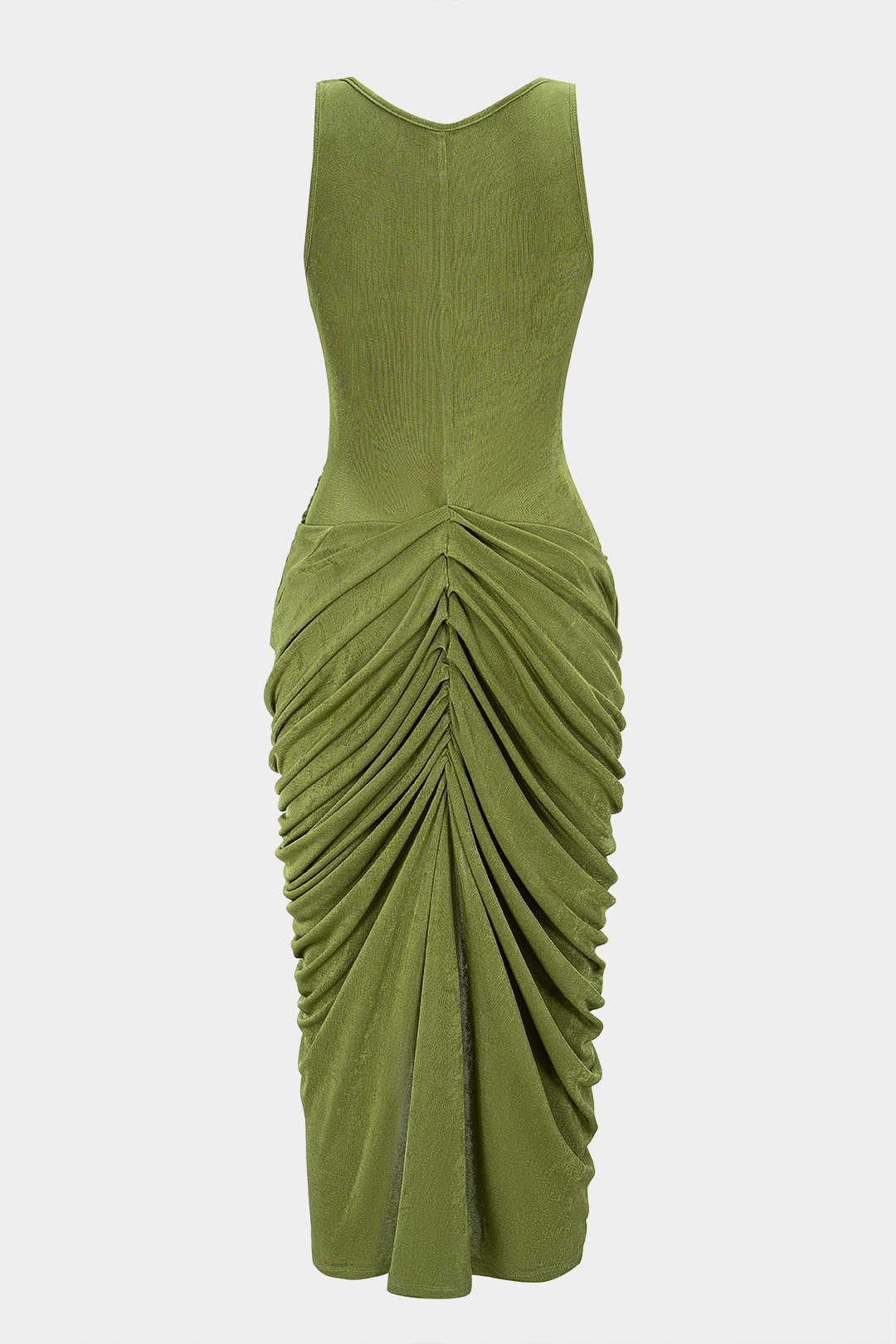 Women's olive ruched twist midi dress - alternate front view