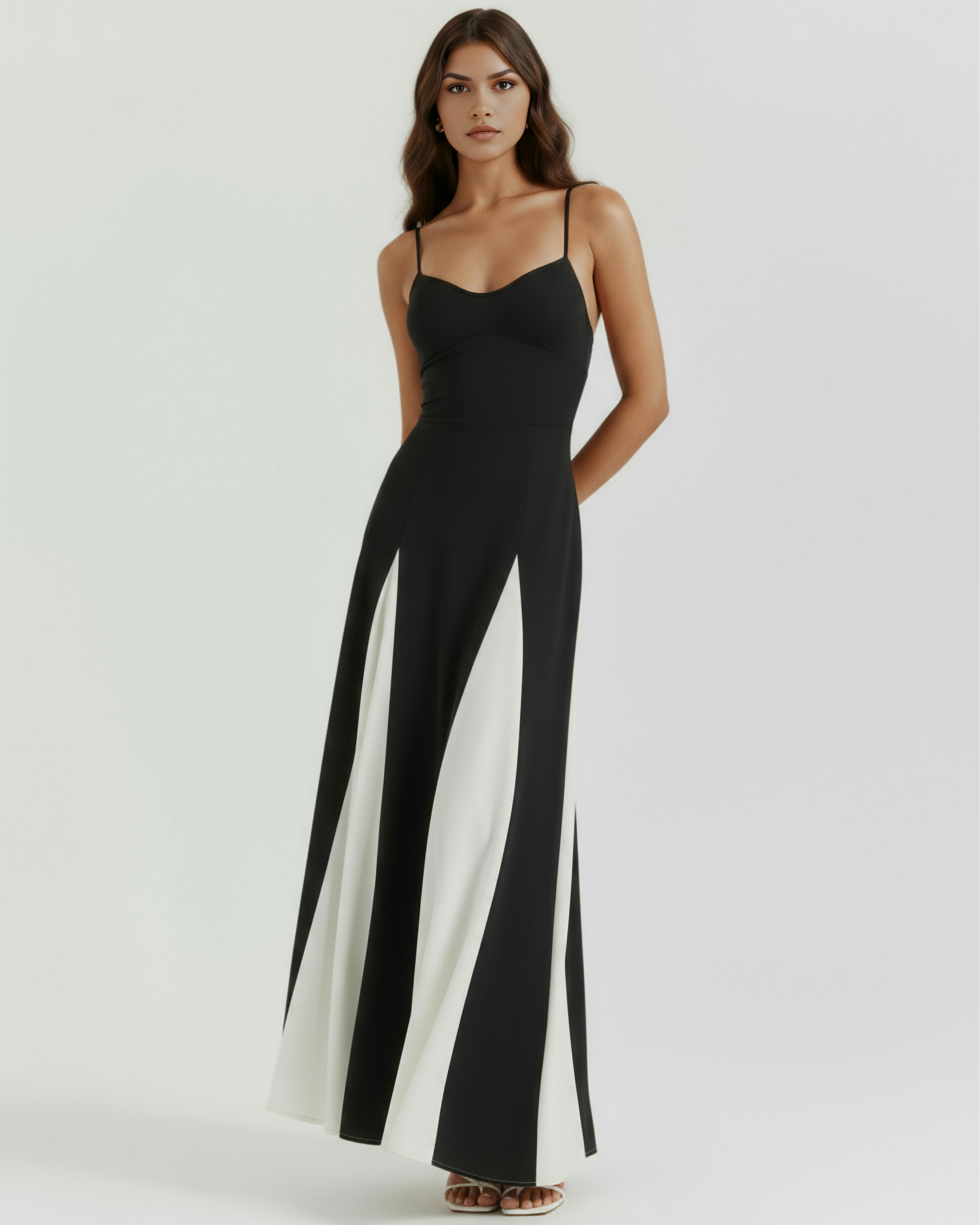 Women's Black Color Block Spaghetti Strap Wide Leg Jumpsuit Formal Evening