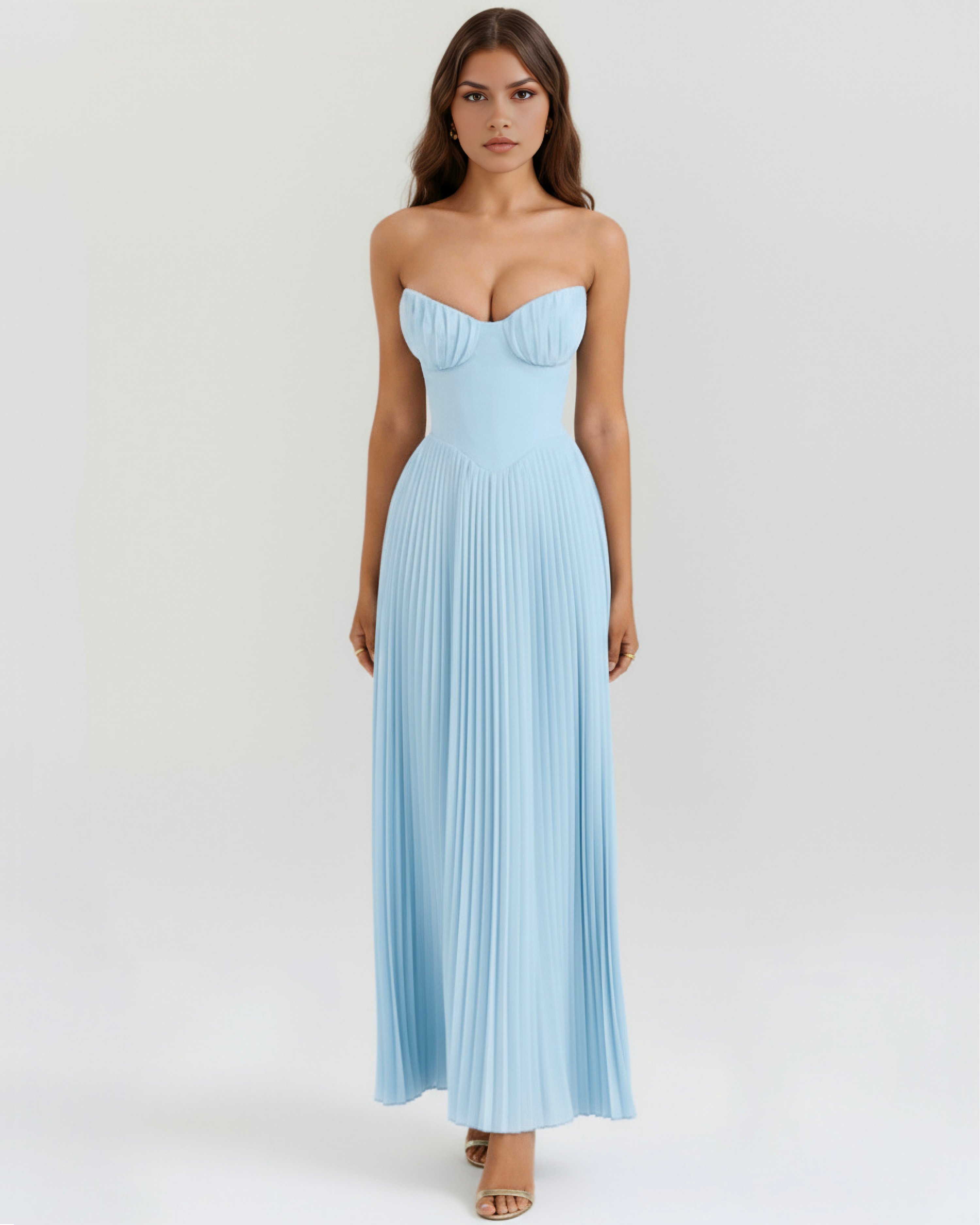 Women's Blue Strapless Sweetheart Neck Pleated Wide Leg Jumpsuit Formal Evening