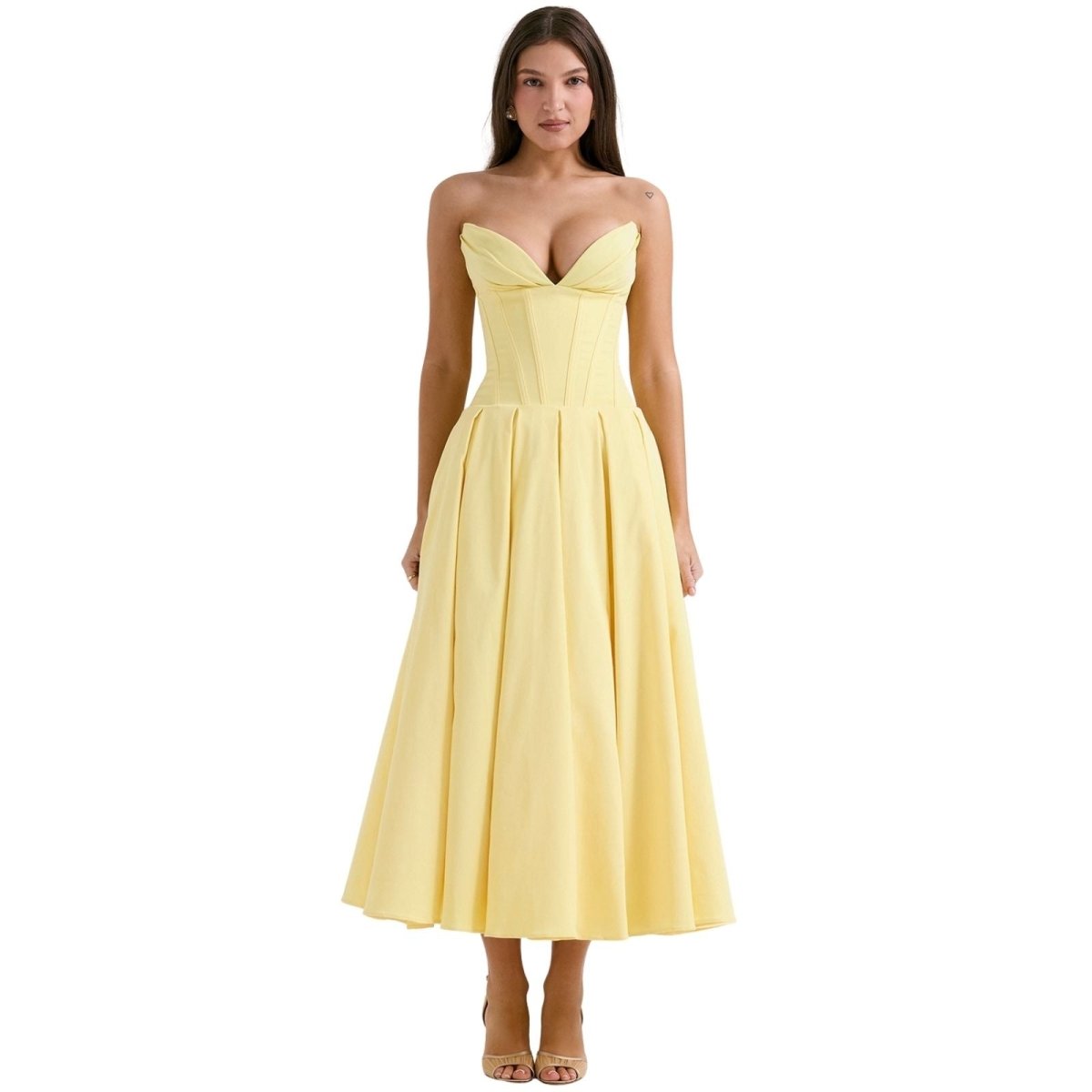Women's Deep V-Neck Corset Bodice Full A-Line Midi Dress Cocktail Party Formal