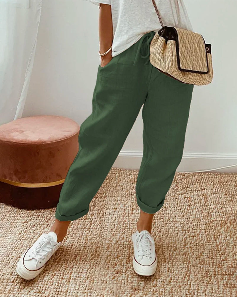 womens casual elastic waistband trousers | comfortable everyday pants - full view
