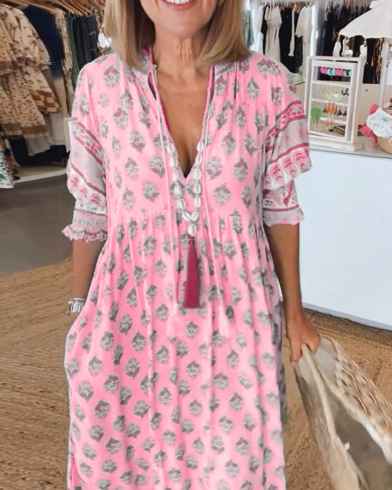 Women's Printed V-Neck Flutter Sleeve Tassel Waist Flowy Maxi Dress Boho Resort
