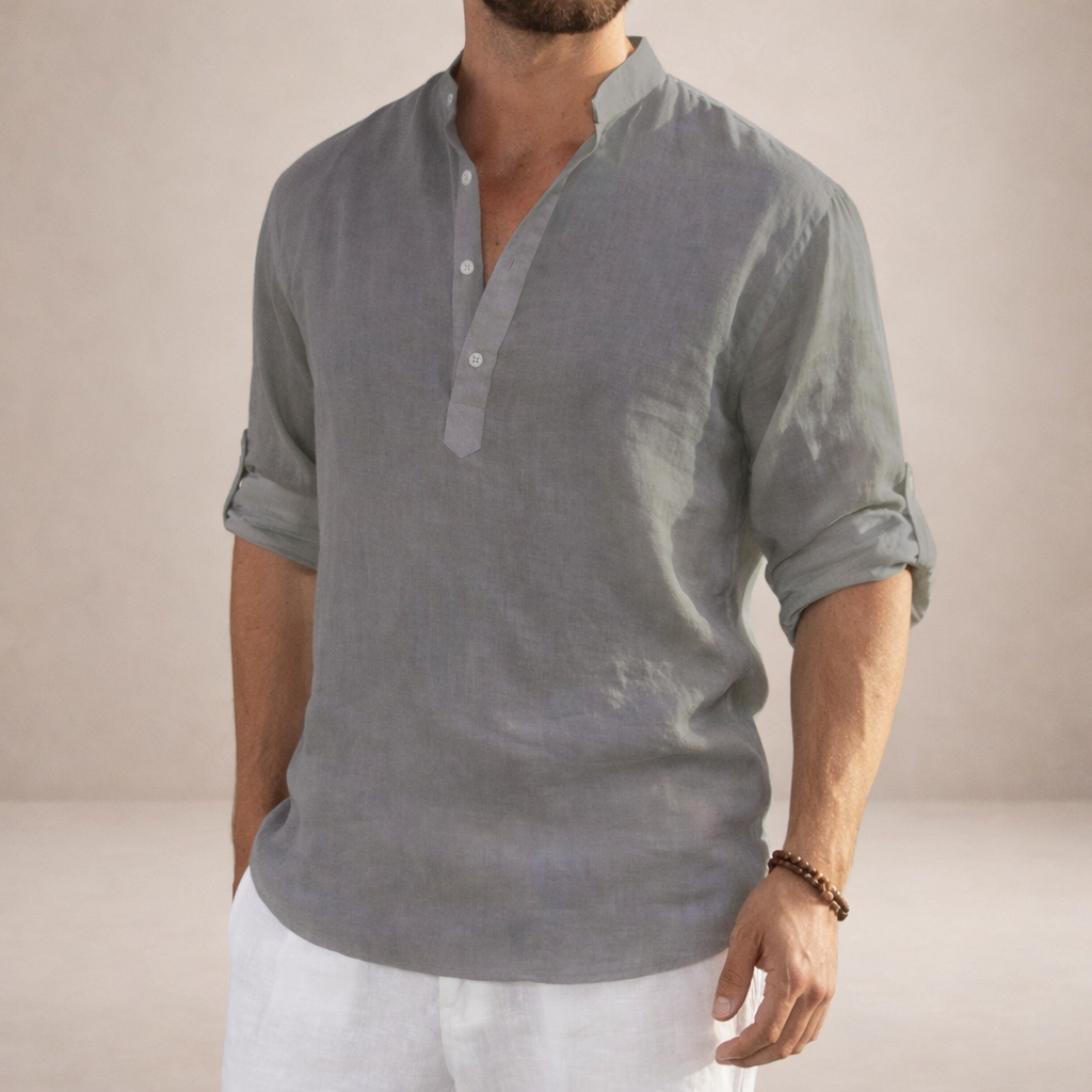 mens regular fit linen shirt | stand collar breathable long sleeve top - worn view