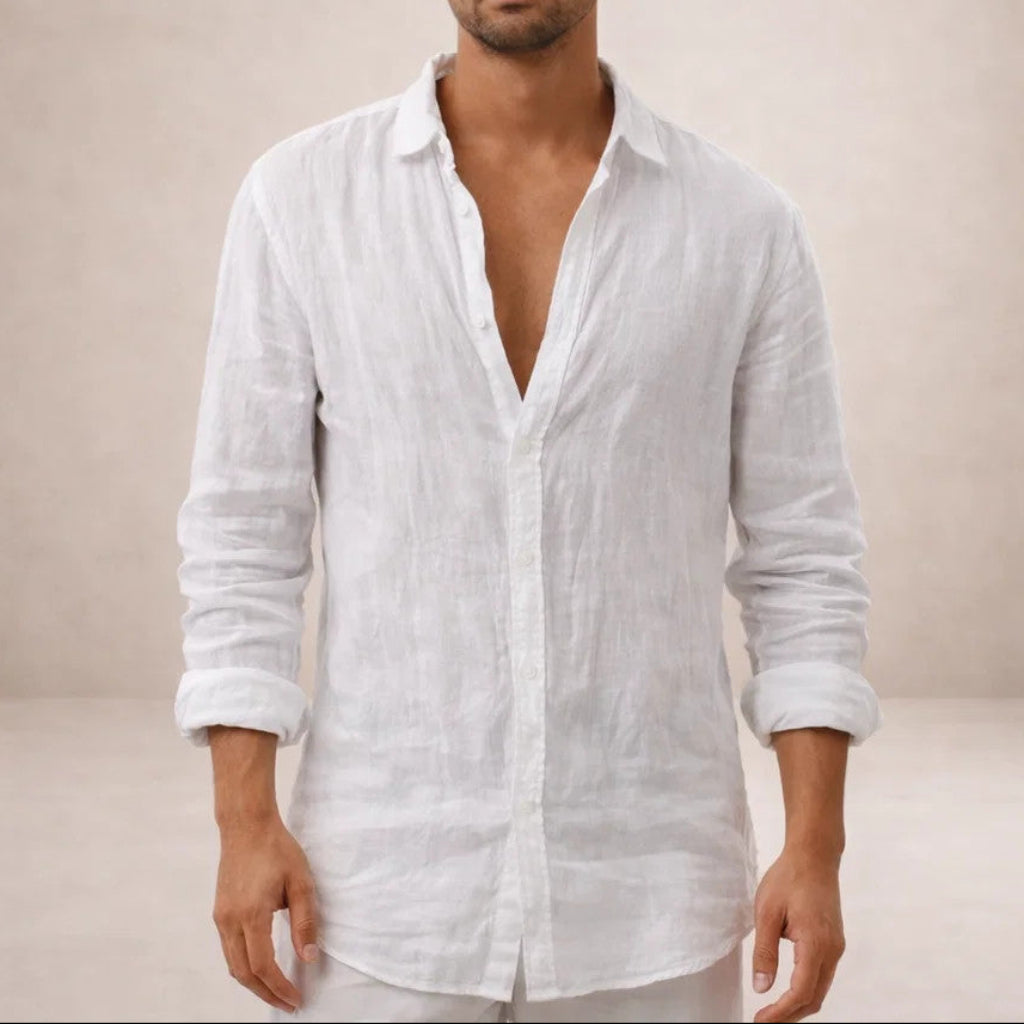 mens regular fit long sleeve linen shirt | open collar breathable top - back view