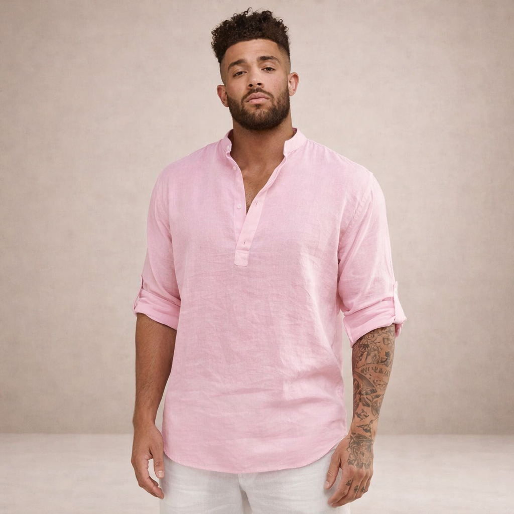 Men's Regular Fit Linen Shirt | Stand Collar Breathable Long Sleeve Top