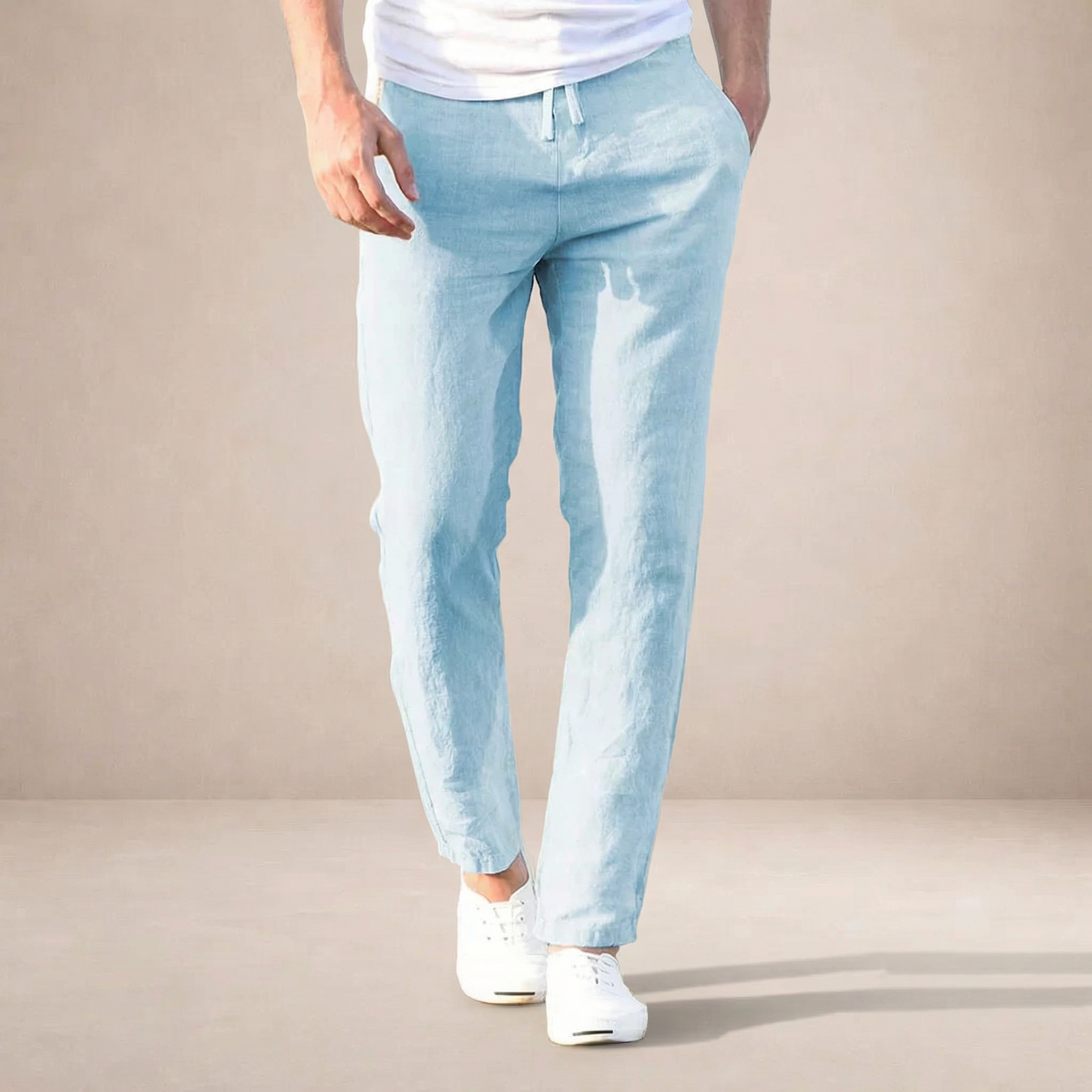 mens relaxed fit linen summer pants | breathable elastic waist trousers - alternate view