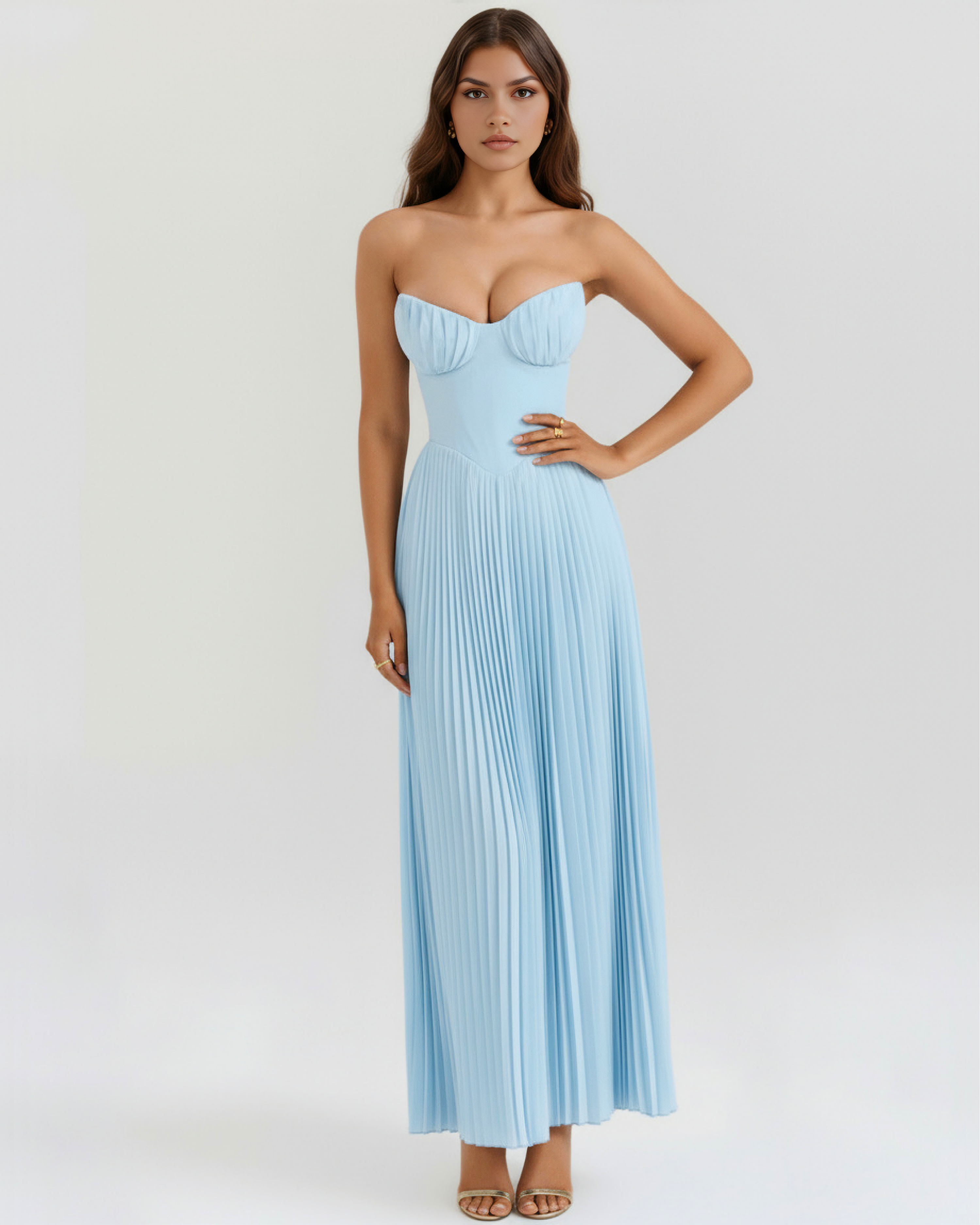Women's Blue Strapless Sweetheart Neck Pleated Wide Leg Jumpsuit Formal Evening