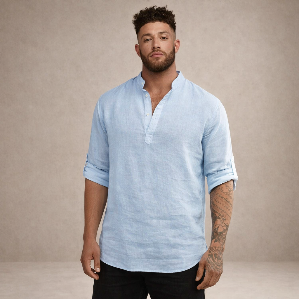 mens regular fit linen shirt | stand collar breathable long sleeve top - lifestyle view