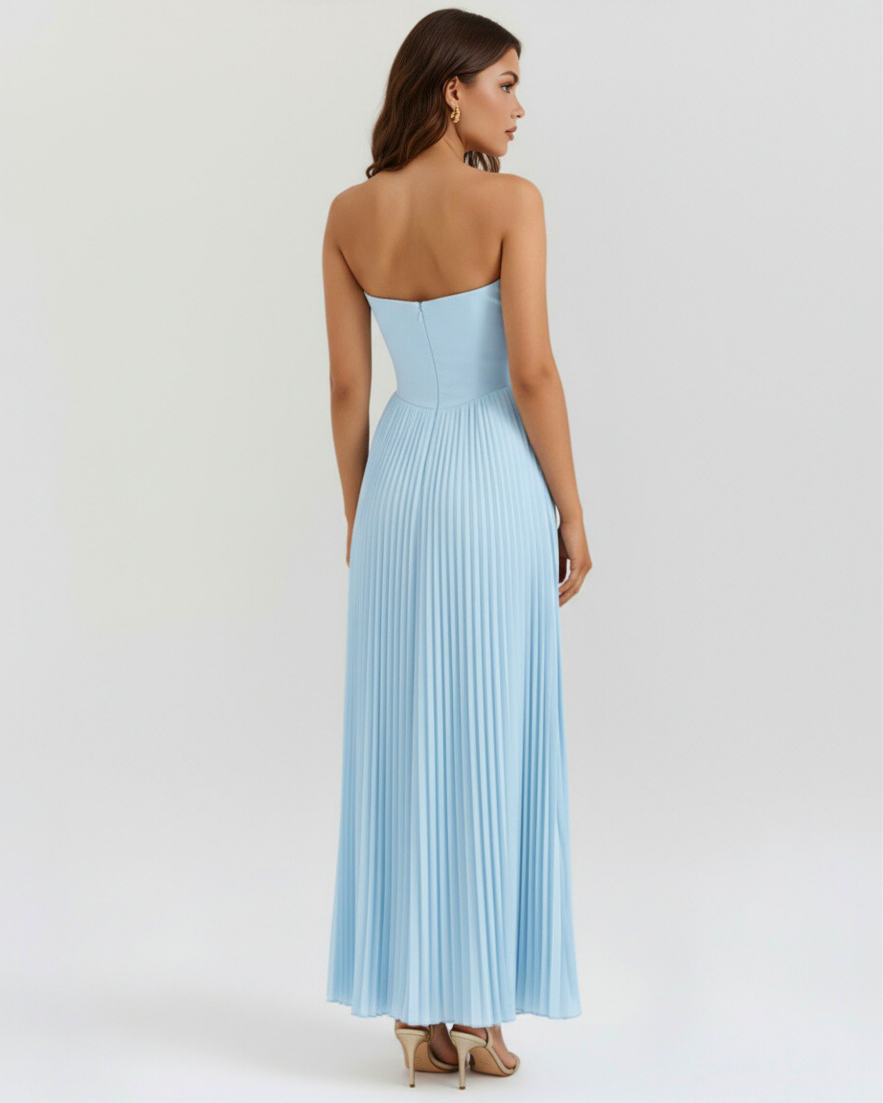 Women's Blue Strapless Sweetheart Neck Pleated Wide Leg Jumpsuit Formal Evening