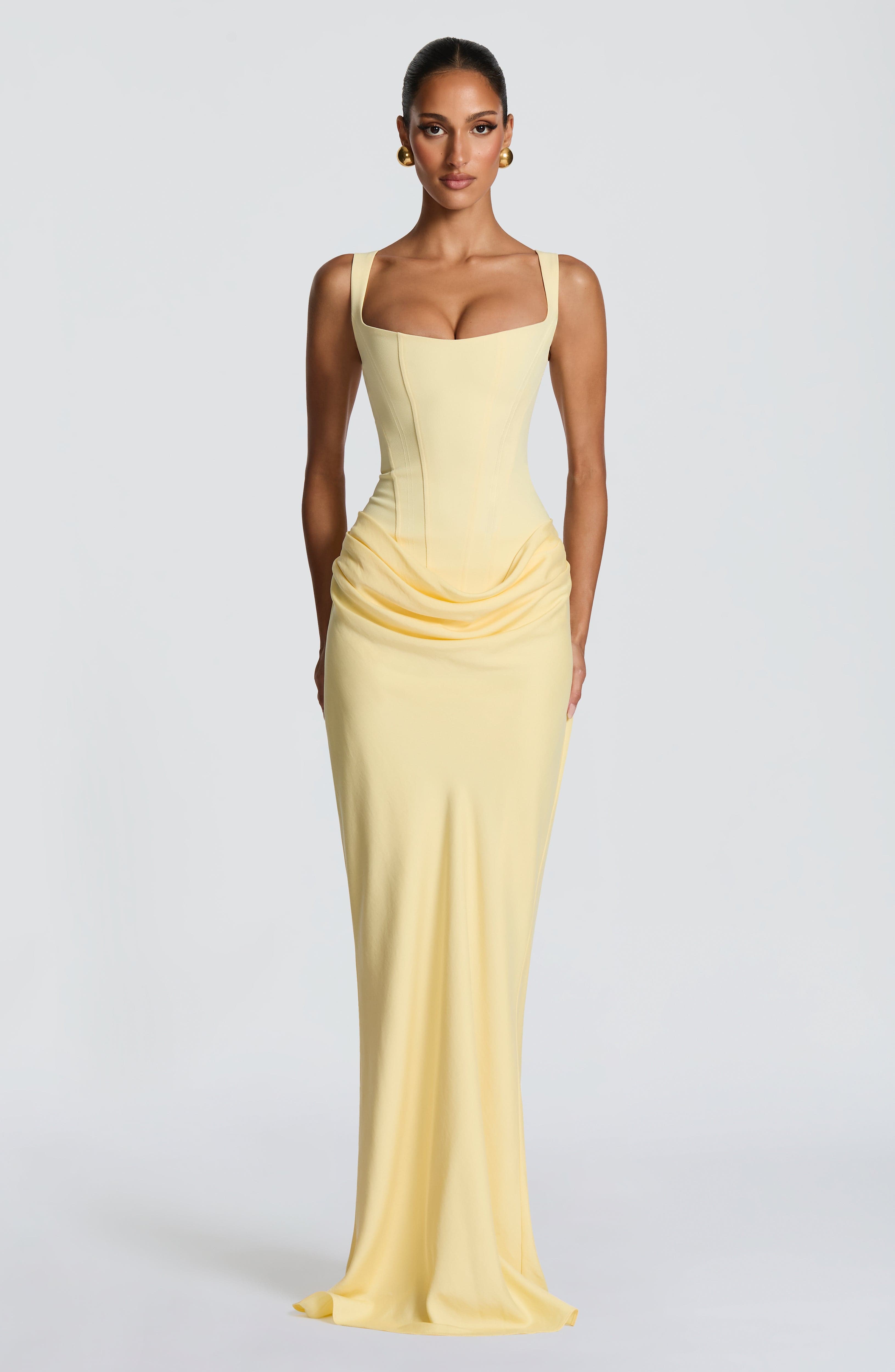 Women's Spaghetti Strap Scoop Neck Ruched Side Fitted Mermaid Maxi Evening Dress