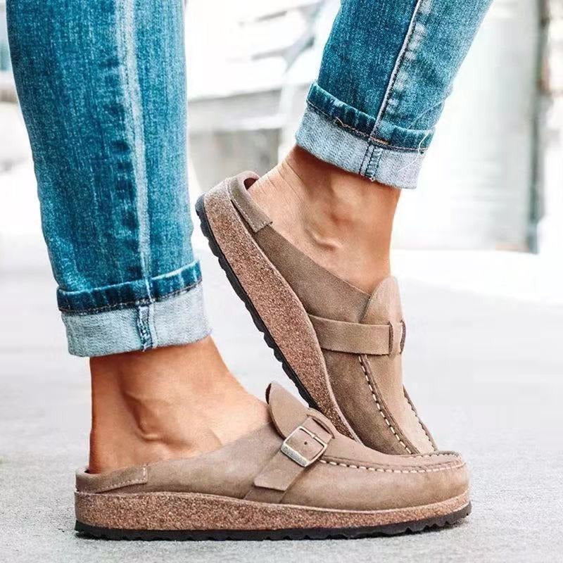 Women's Suede Closed Toe Buckle Slip-On Clog Mule Sandals