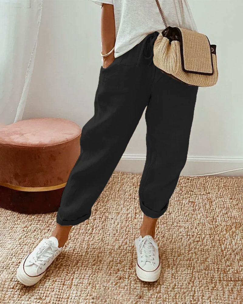 womens casual elastic waistband trousers | comfortable everyday pants - side view