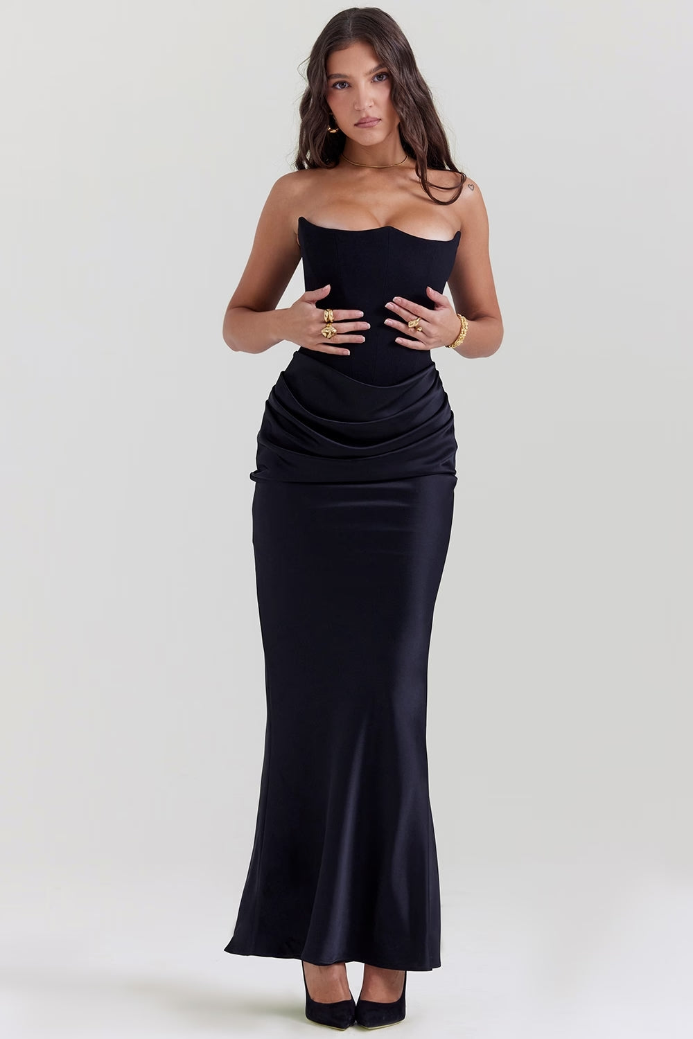 Women's Brown Strapless Ruched Fitted Maxi Evening Dress Wedding Guest