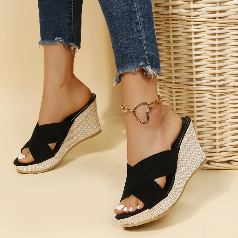 Women's Cross Strap Open Toe Espadrille Wedge Mule Sandals