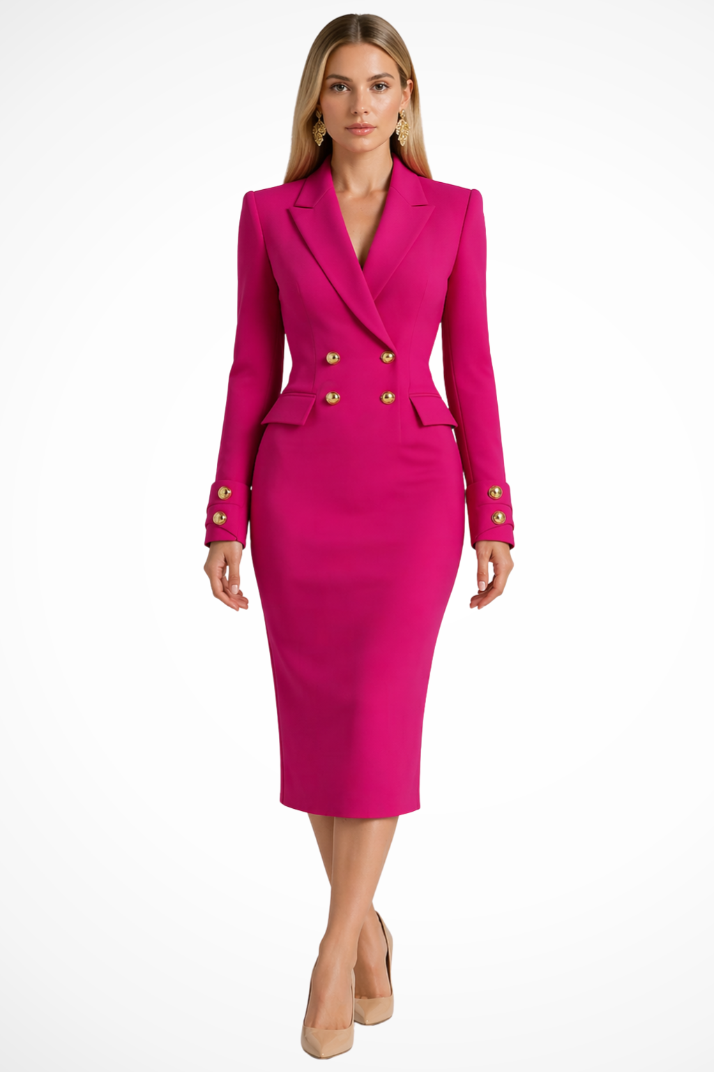 Women's Double Breasted Blazer Midi Dress | Gold Button Detail