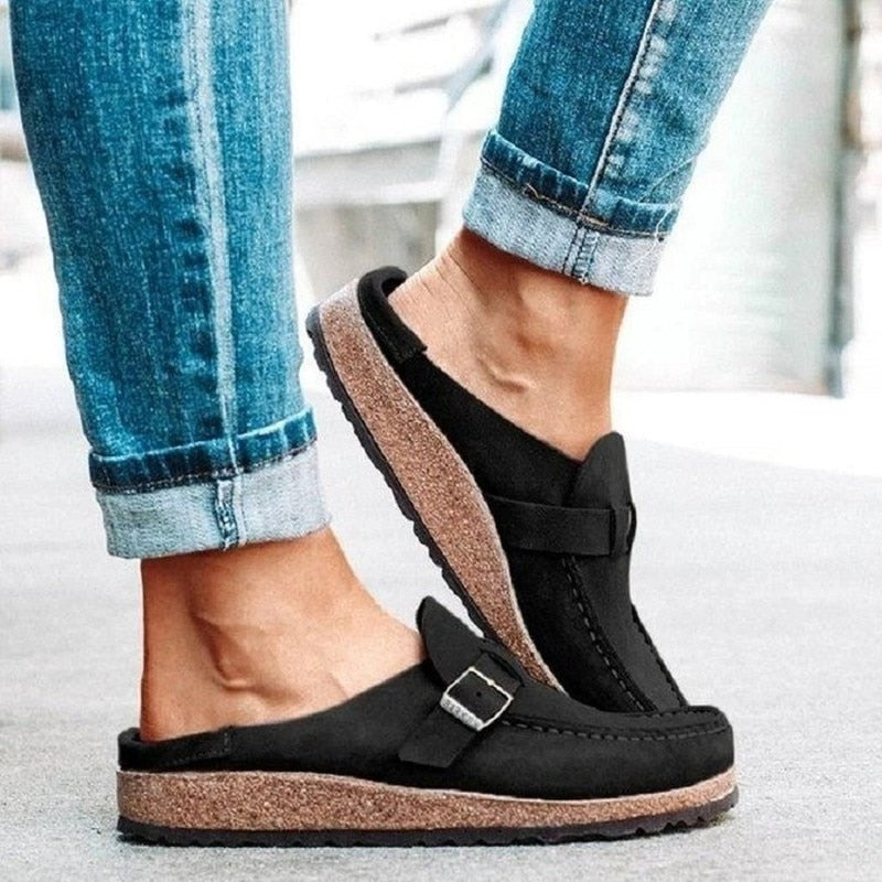 Women's Suede Closed Toe Buckle Slip-On Clog Mule Sandals