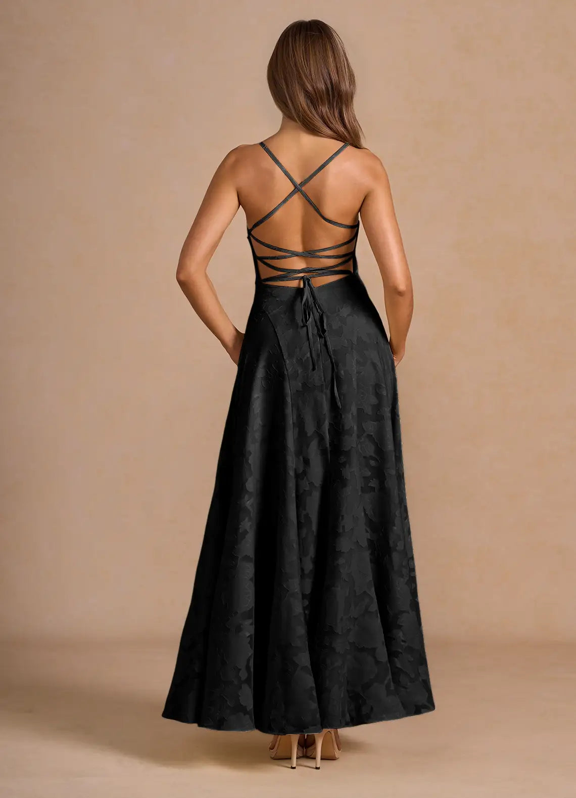 Women's Red Floral Lace Spaghetti Strap A-Line Maxi Evening Dress Wedding Guest