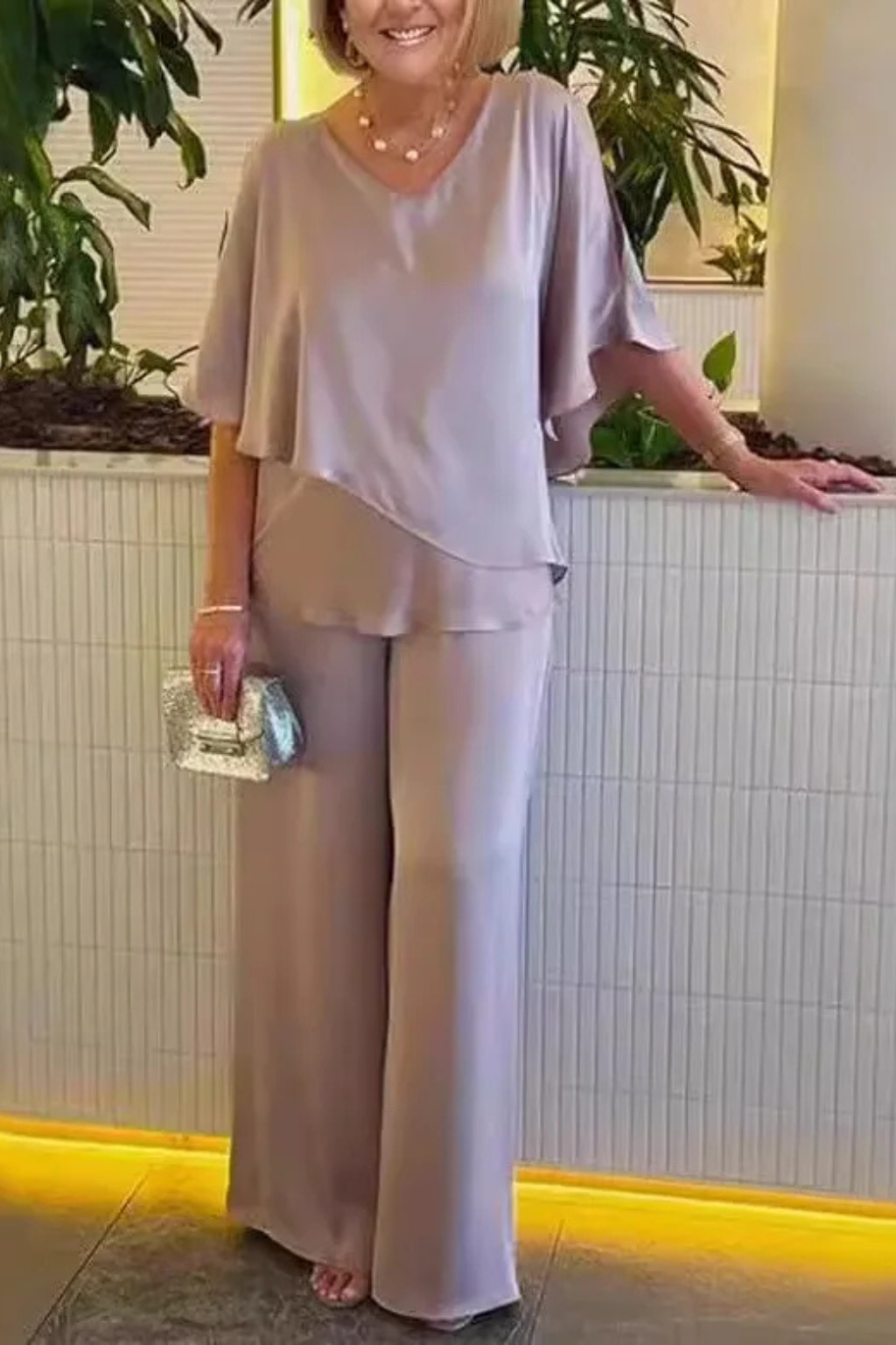 Women's V-Neck Flutter Sleeve Chiffon Top and Wide Leg Pants Two-Piece Set