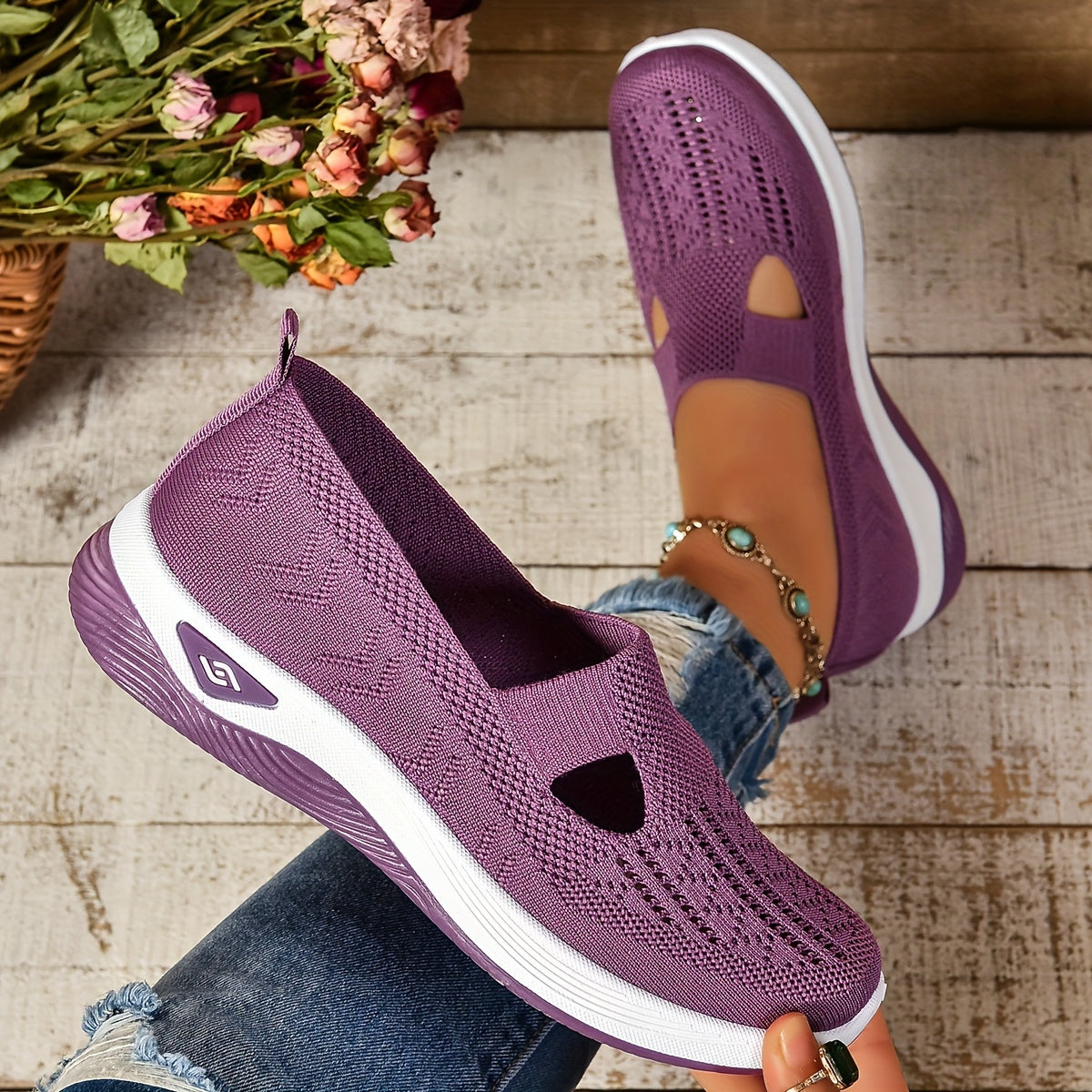 Women's Knit Mesh Slip-On Cutout Cushioned Sole Casual Sneakers