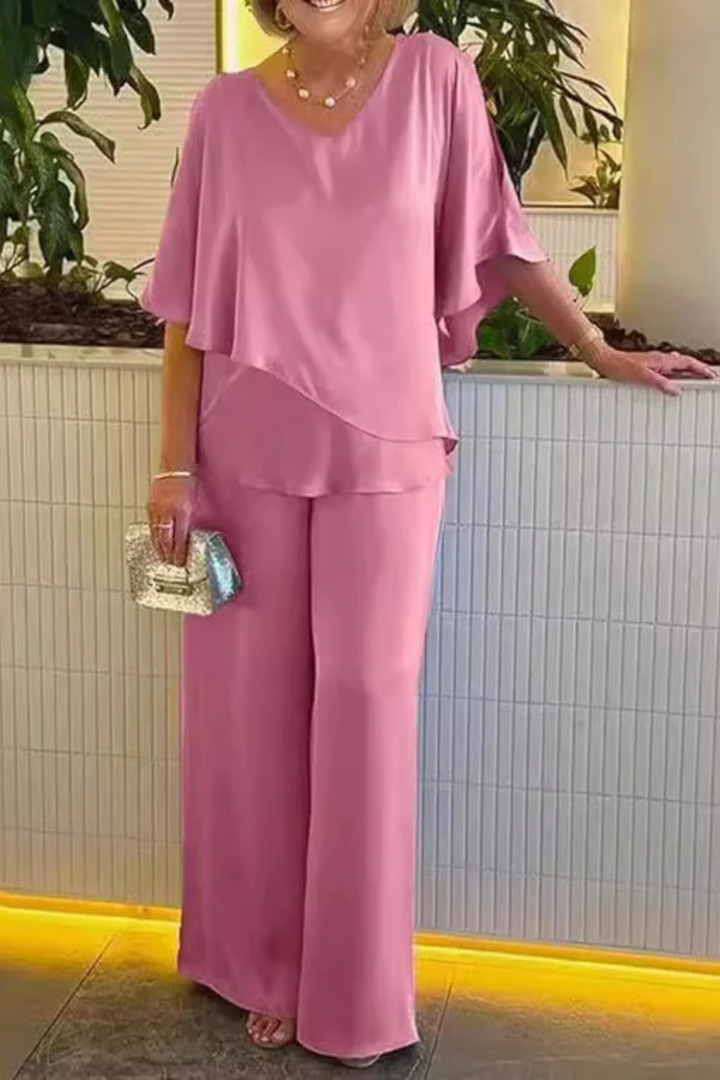 Women's V-Neck Flutter Sleeve Chiffon Top and Wide Leg Pants Two-Piece Set