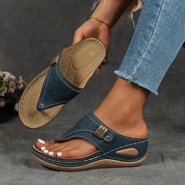 Women's Embroidered Thong Wedge Flip Flop Sandals with Buckle Detail