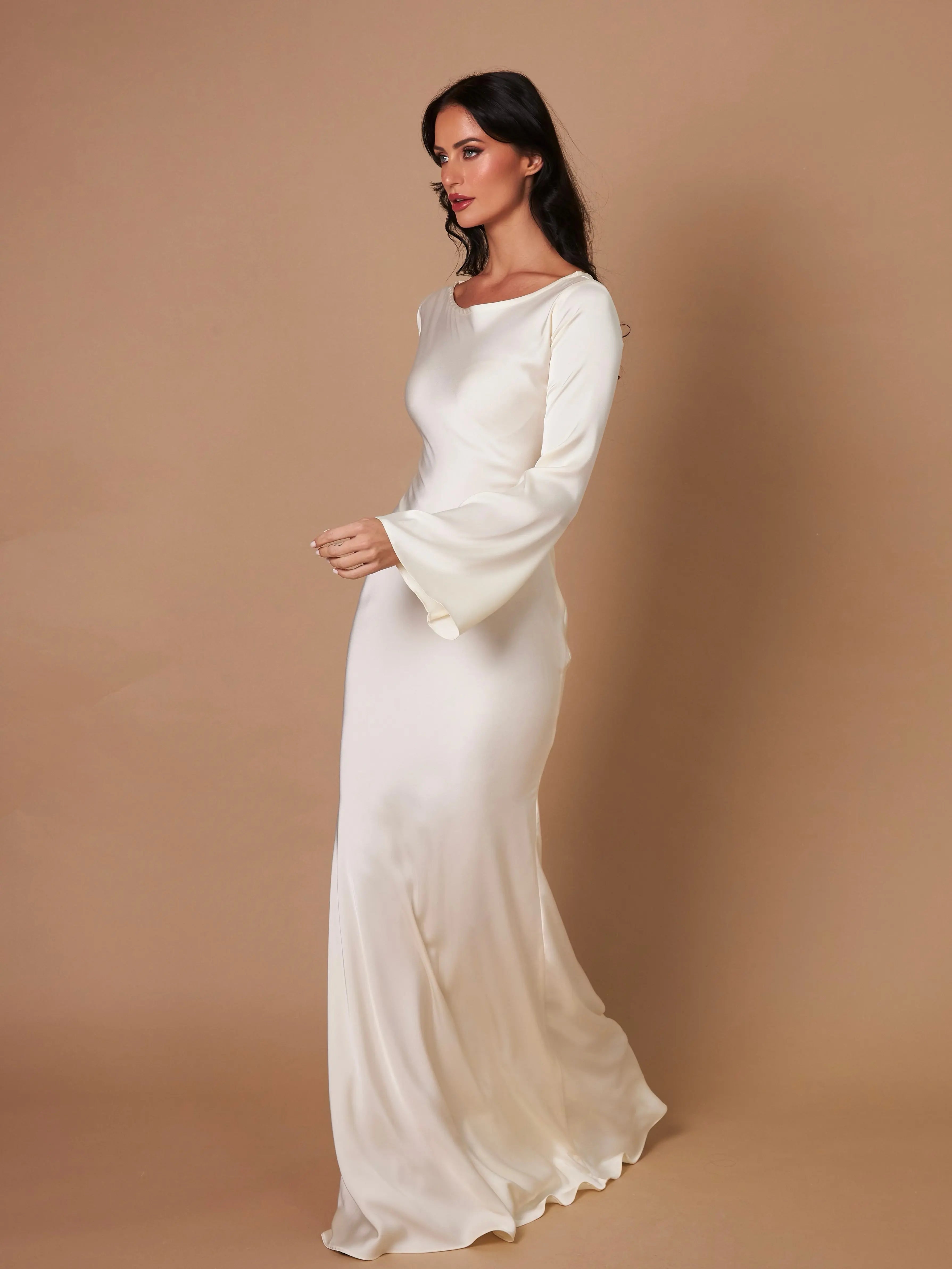 Women's Ivory Long Sleeve Maxi Dress | Casual Elegant Floor Length Everyday Dress