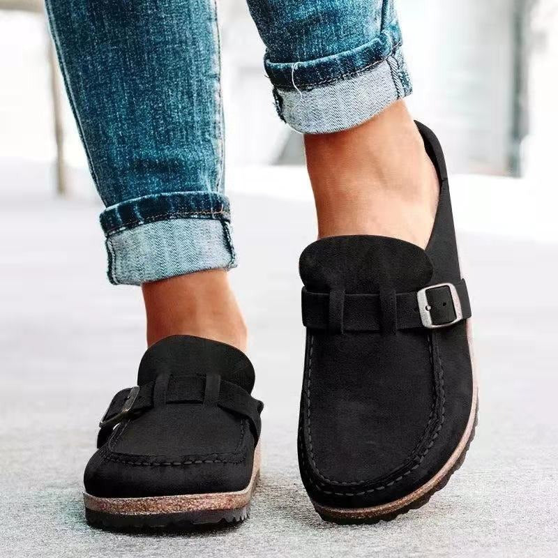 Women's Suede Closed Toe Buckle Slip-On Clog Mule Sandals