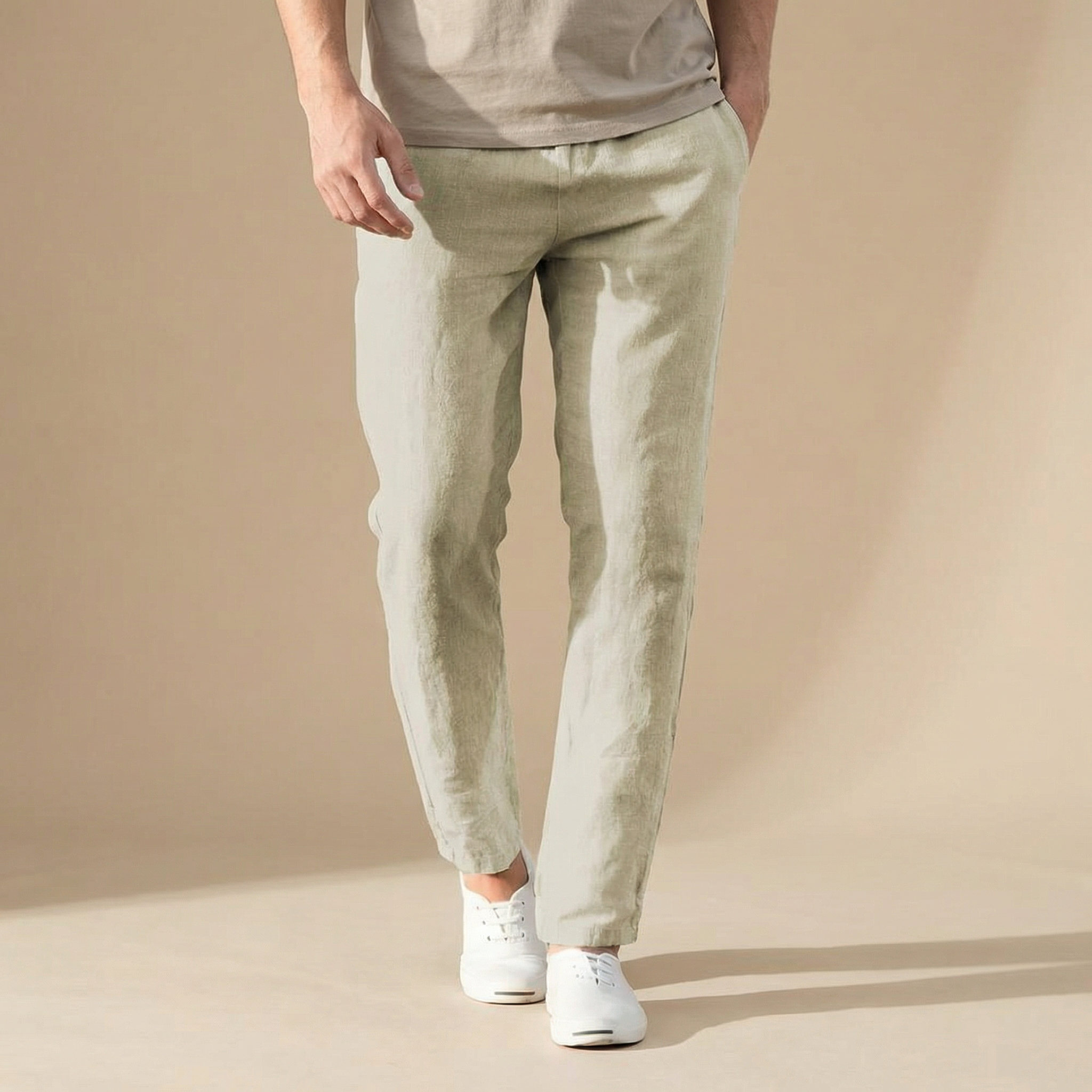 mens relaxed fit linen summer pants | breathable elastic waist trousers - front view