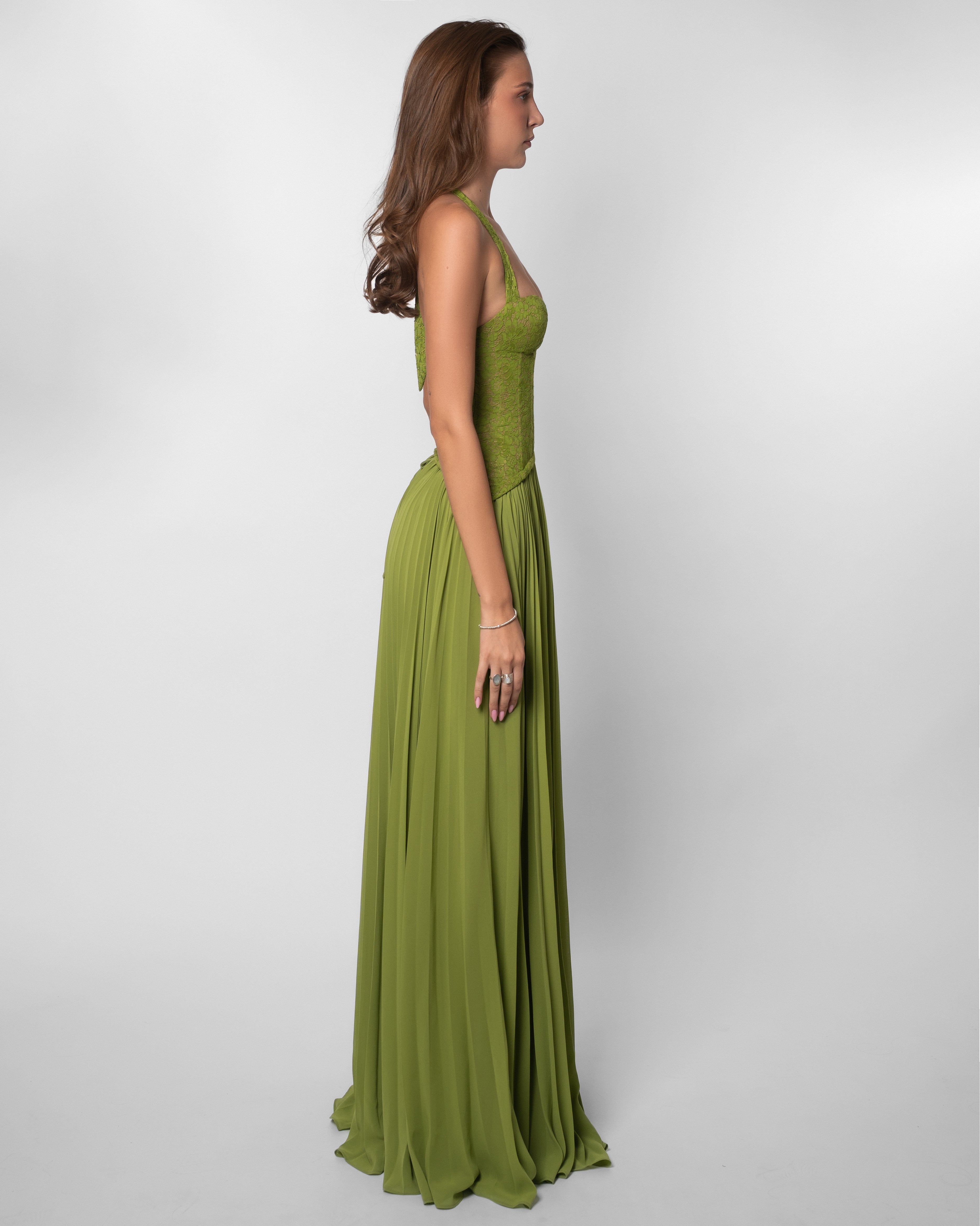 Women's Green Deep V-Neck Spaghetti Strap Ruched Bodice Flowy Maxi Evening Dress Wedding Guest