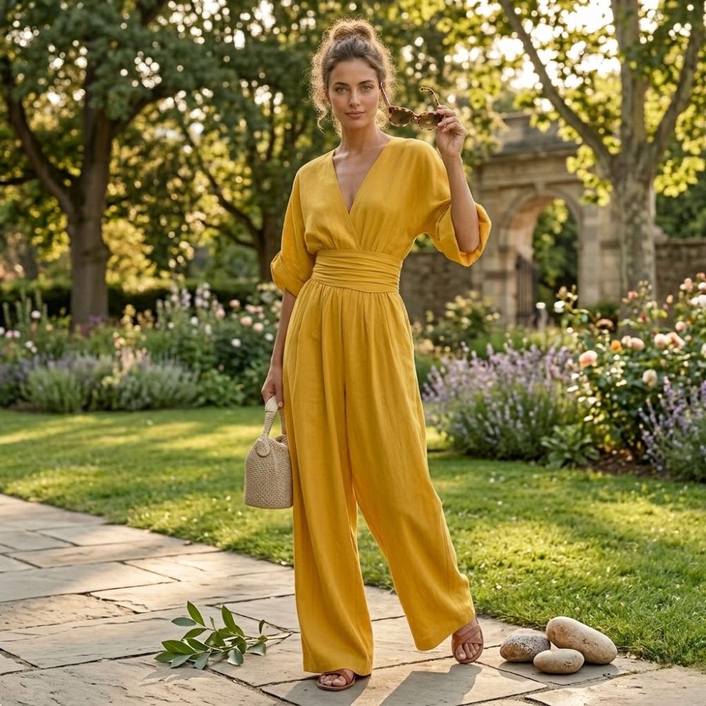 Women's Wide-Leg Linen-Look Jumpsuit | Cinched Waist Deep V-Neck