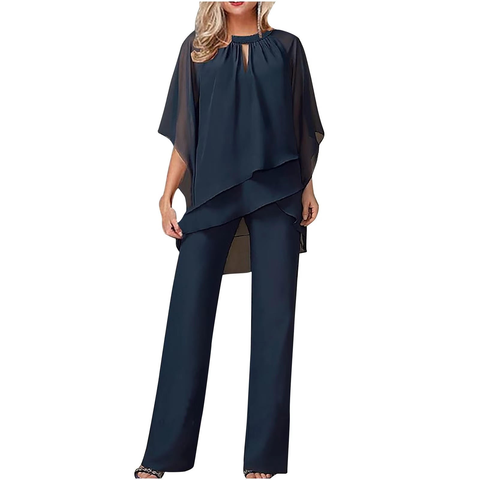 Women's Blue Chiffon Pantsuit | Elegant Formal Festive Two-Piece Suit