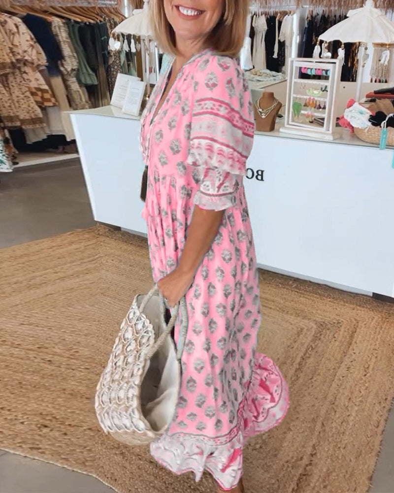 Women's Printed V-Neck Flutter Sleeve Tassel Waist Flowy Maxi Dress Boho Resort