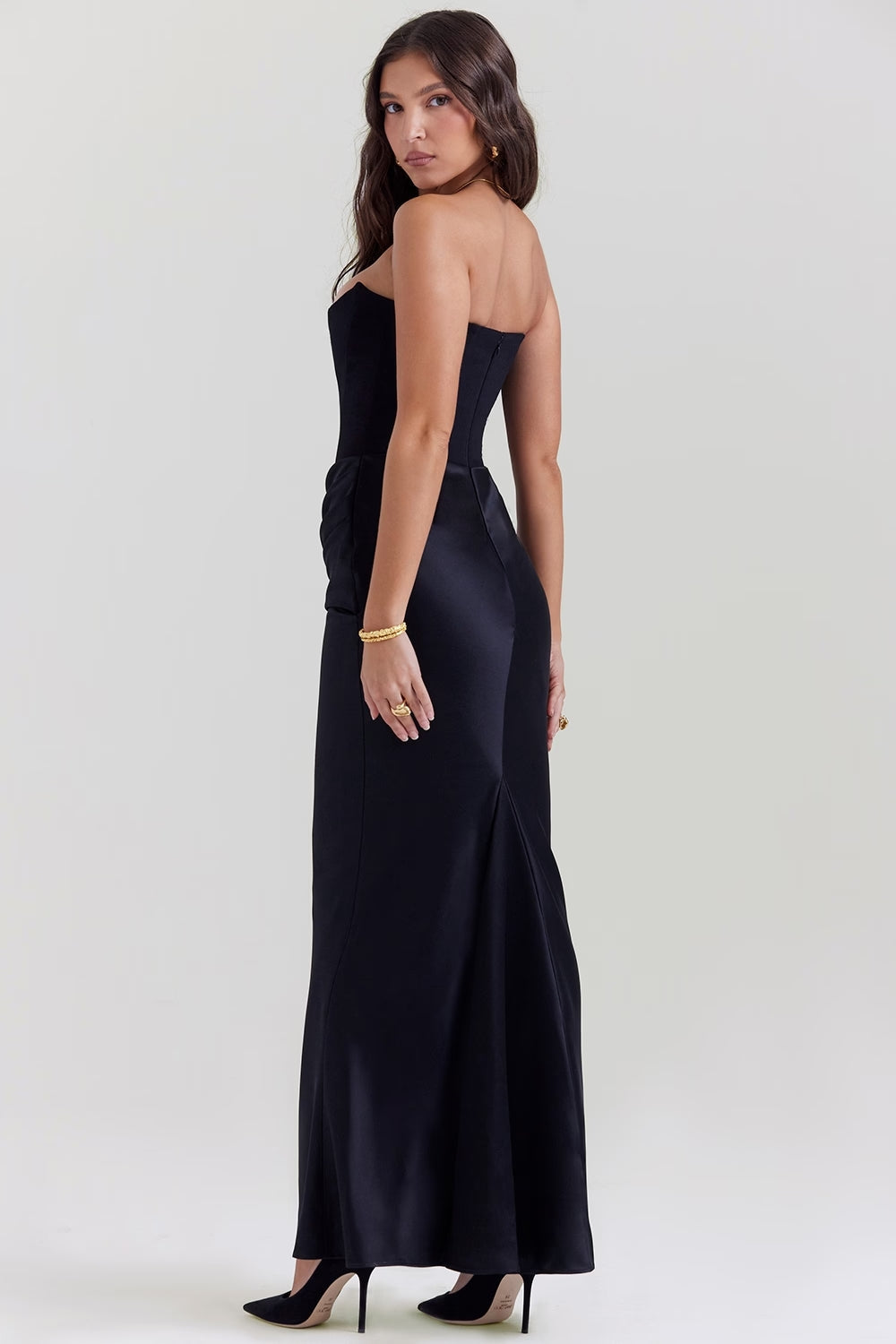 Women's Brown Strapless Ruched Fitted Maxi Evening Dress Wedding Guest