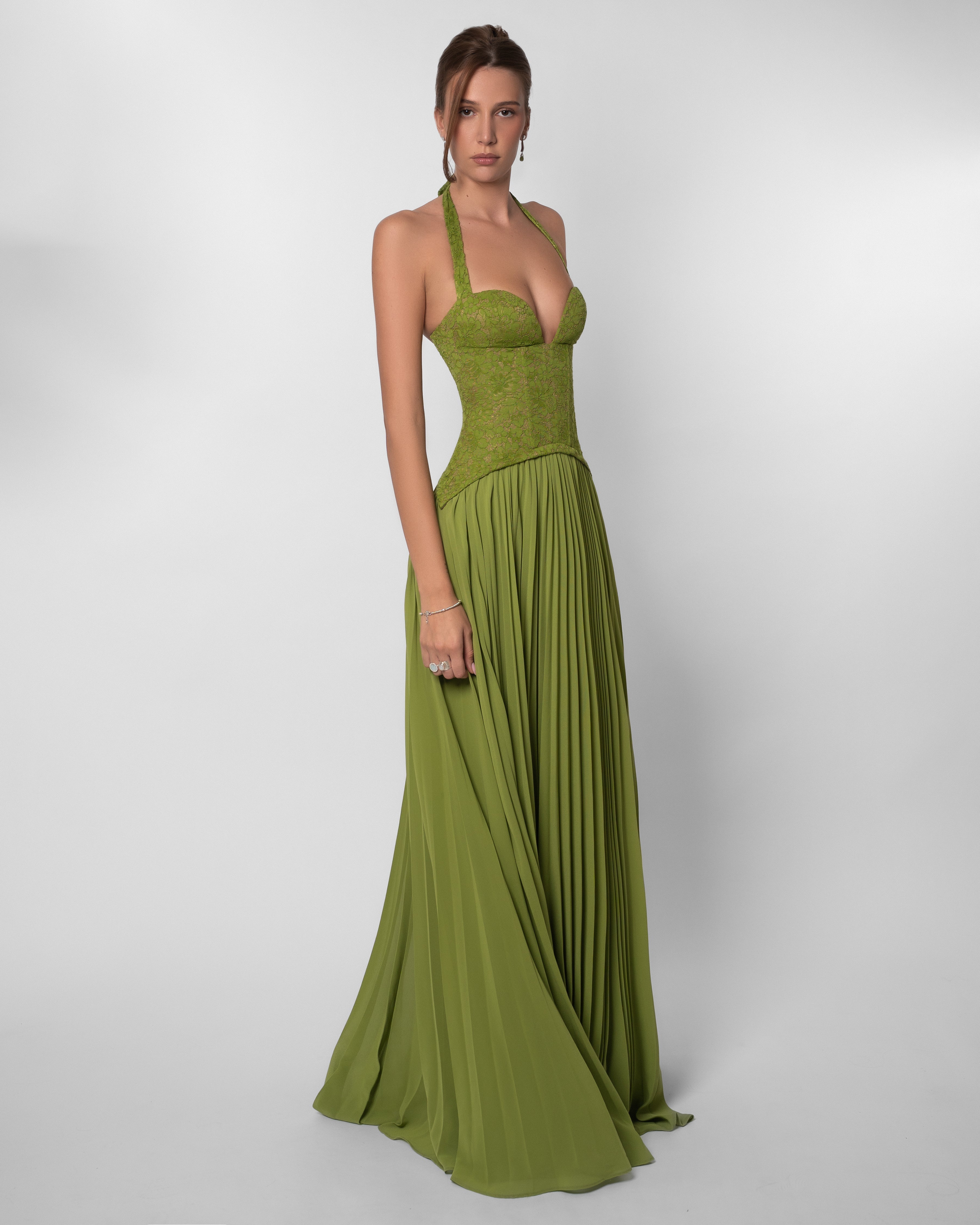 Women's Green Deep V-Neck Spaghetti Strap Ruched Bodice Flowy Maxi Evening Dress Wedding Guest