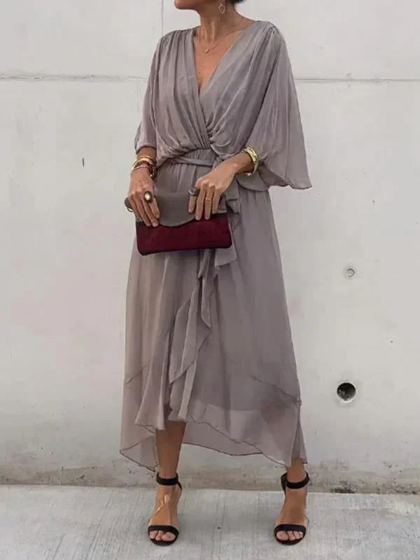 Women's Deep V-Neck Batwing Sleeve Belted Flowy Chiffon Midi Dress