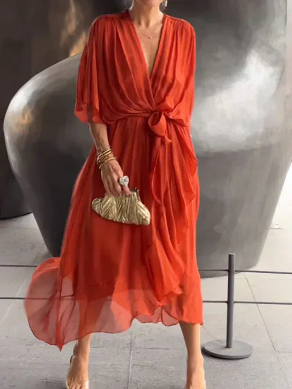 Women's Deep V-Neck Batwing Sleeve Belted Flowy Chiffon Midi Dress