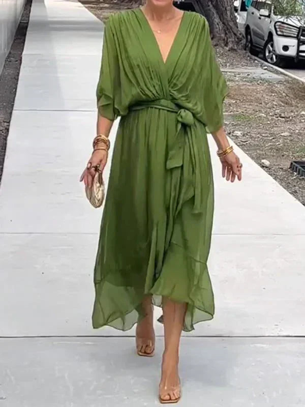 Women's Deep V-Neck Batwing Sleeve Belted Flowy Chiffon Midi Dress
