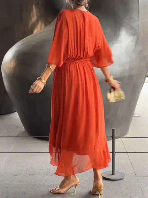 Women's Deep V-Neck Batwing Sleeve Belted Flowy Chiffon Midi Dress