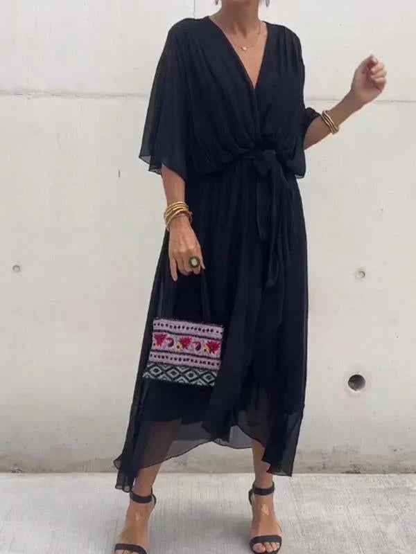 Women's Deep V-Neck Batwing Sleeve Belted Flowy Chiffon Midi Dress