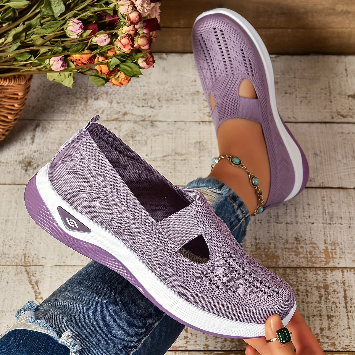 Women's Knit Mesh Slip-On Cutout Cushioned Sole Casual Sneakers