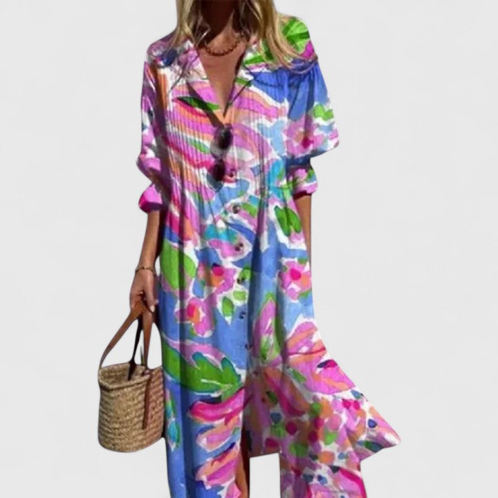 Women's White Floral Print Button-Down Midi Dress with Long Sleeves
