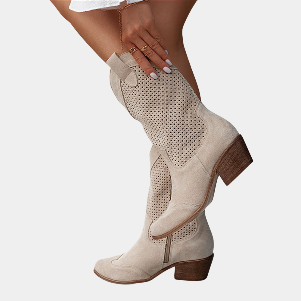 Women's Perforated Mid-Calf Western Cowboy Boots Block Heel Pointed Toe