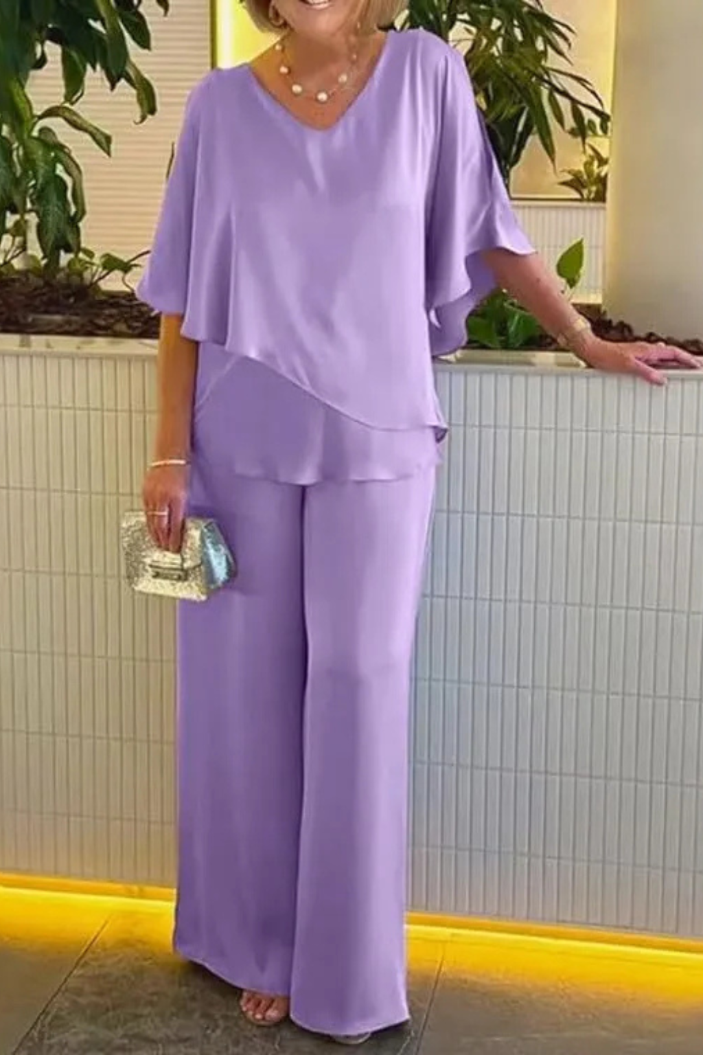 Women's V-Neck Flutter Sleeve Chiffon Top and Wide Leg Pants Two-Piece Set
