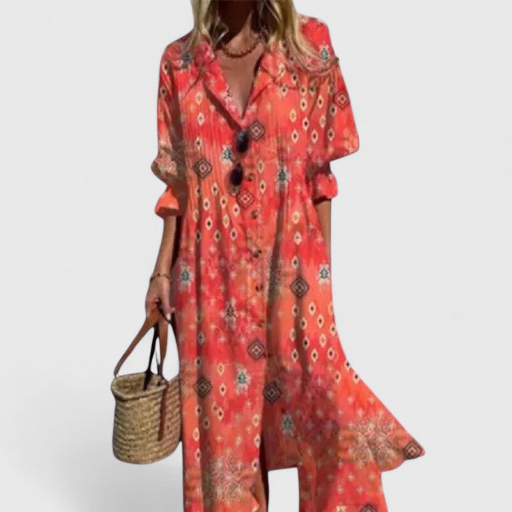 Women's White Floral Print Button-Down Midi Dress with Long Sleeves