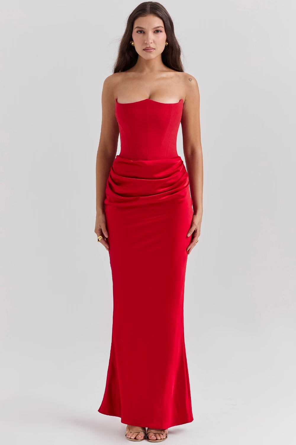 Women's Brown Strapless Ruched Fitted Maxi Evening Dress Wedding Guest