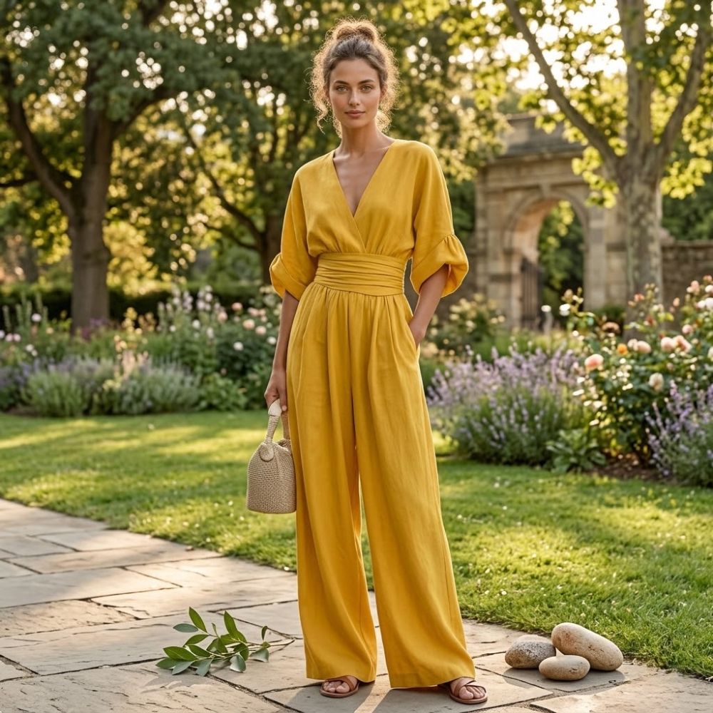 Women's Wide-Leg Linen-Look Jumpsuit | Cinched Waist Deep V-Neck
