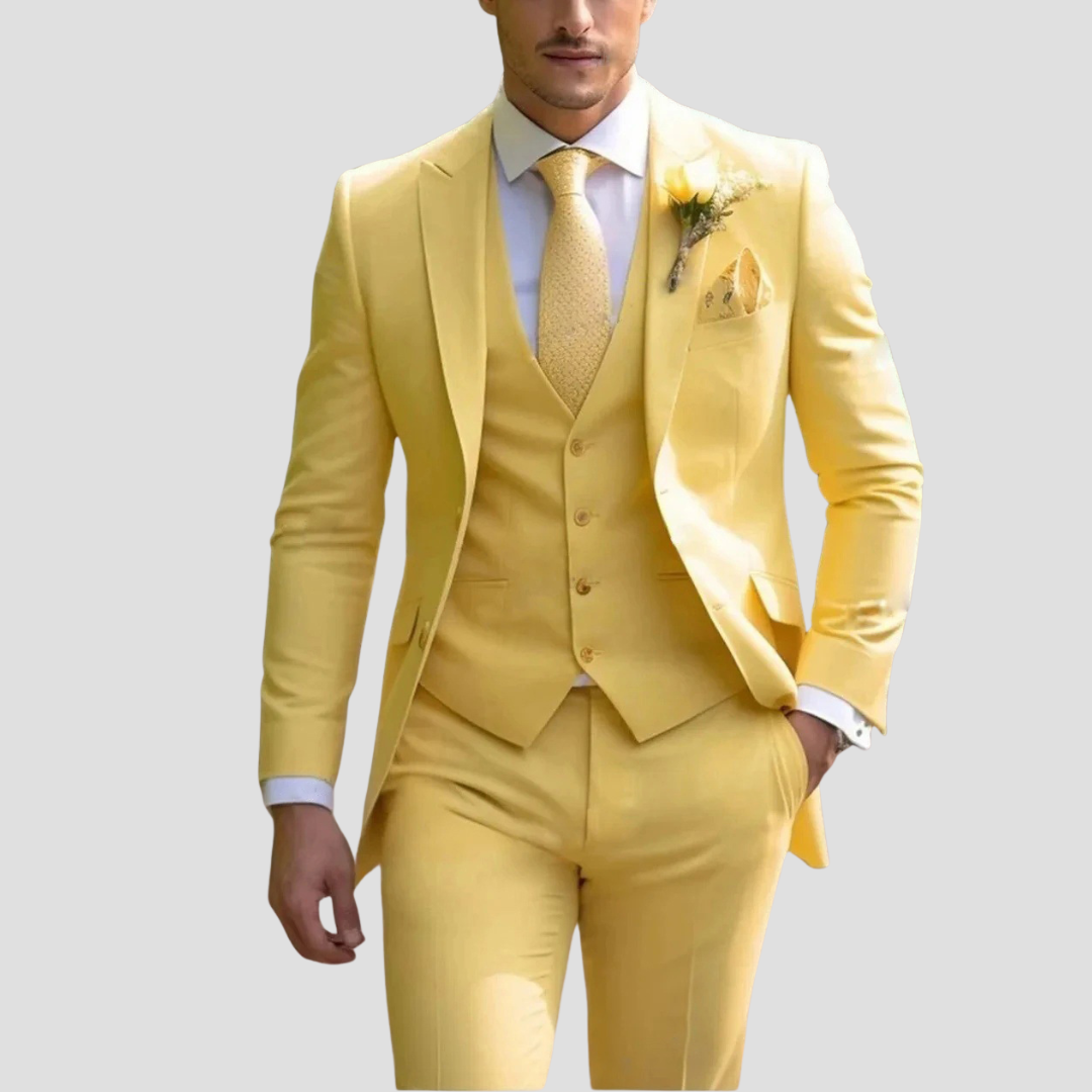 Men's three-piece slim fit suit close-up