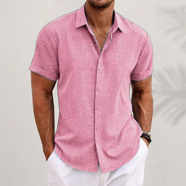 mens short sleeve linen button-up shirt | lightweight summer top - close-up view